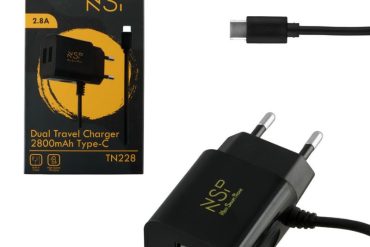 NSP TN228 Μαύρος Φορτιστής ταξιδιού Dual USB-A με ενσωματωμένο καλώδιο Type-C 2800mAh