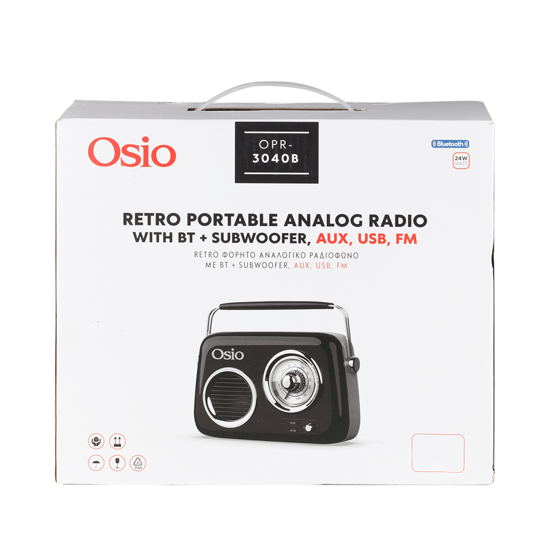 Osio OPR-3040B Μαύρο Ρετρό φορητό αναλογικό ραδιόφωνο με Bluetooth, AUX, USB, FM και subwoofer – 24W - Image 9