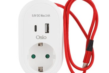 Osio OPS-3001 Λευκό Μονόπριζο με ενσωματ. καλώδιο φόρτισης και 2USB Type-Α