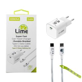 Lime LGC45W Φορτιστής Ταξιδιού GaN PD 3.0/QC 3.0 45W + Πλεκτό Καλώδιο USB-C to USB-C LBCC01 (8402333)