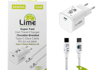 Lime LGC45W Φορτιστής Ταξιδιού GaN PD 3.0/QC 3.0 45W + Πλεκτό Καλώδιο USB-C to USB-C LBCC01 (8402333)