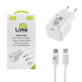 Lime LTC78W Φορτιστής Ταξιδιού GaN PD 3.0 78W + Καλώδιο USB-C to USB-C LCC04 (8368585)