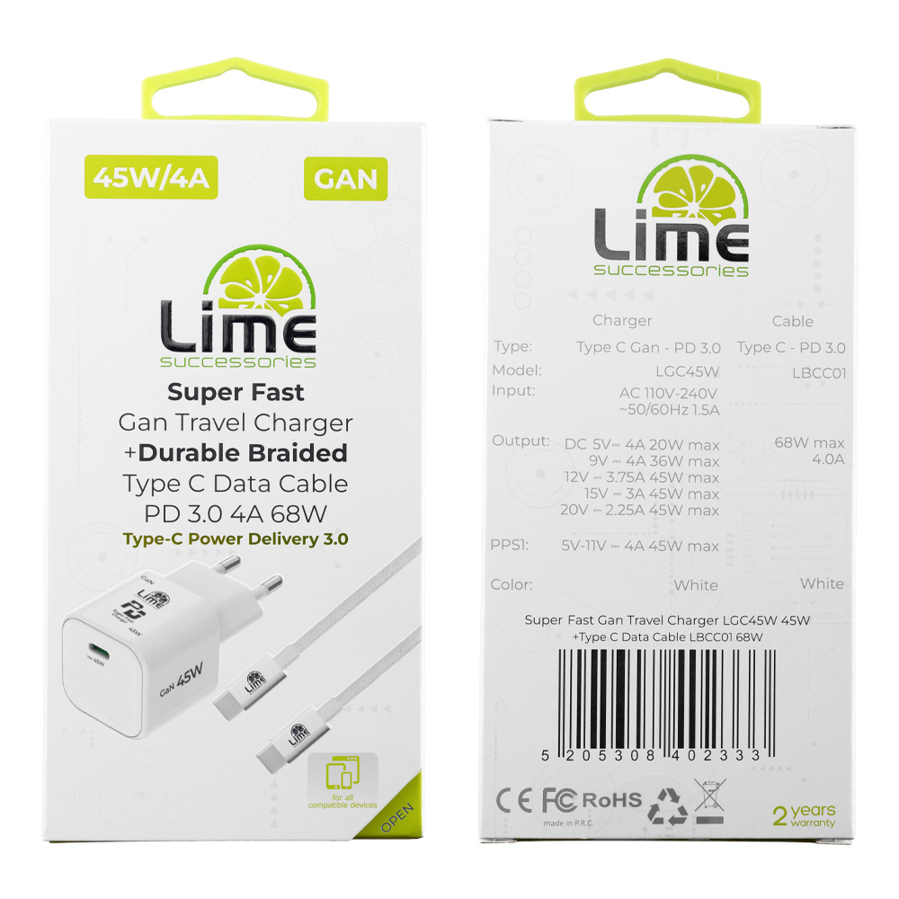 Lime LGC45W Φορτιστής Ταξιδιού GaN PD 3.0/QC 3.0 45W + Πλεκτό Καλώδιο USB-C to USB-C LBCC01 (8402333) - Image 3